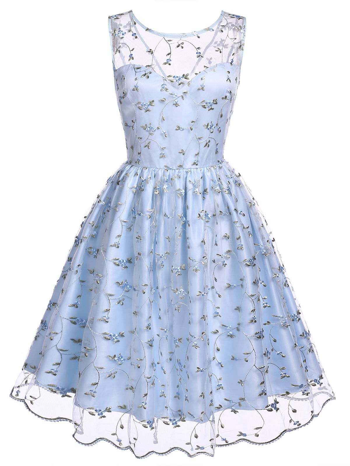 Blue Floral Embroidery Lace Dress