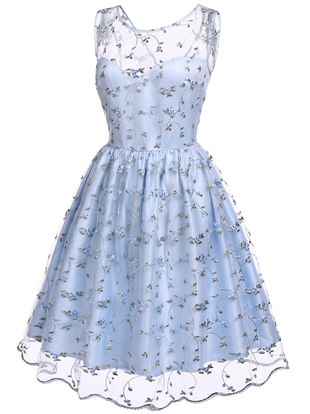 Blue Floral Embroidery Lace Dress