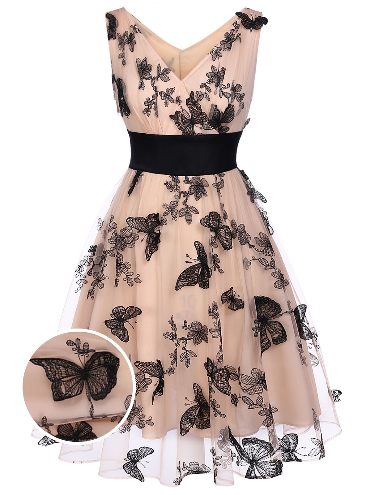 Nude Lace Butterfly Swing Vintage Dress