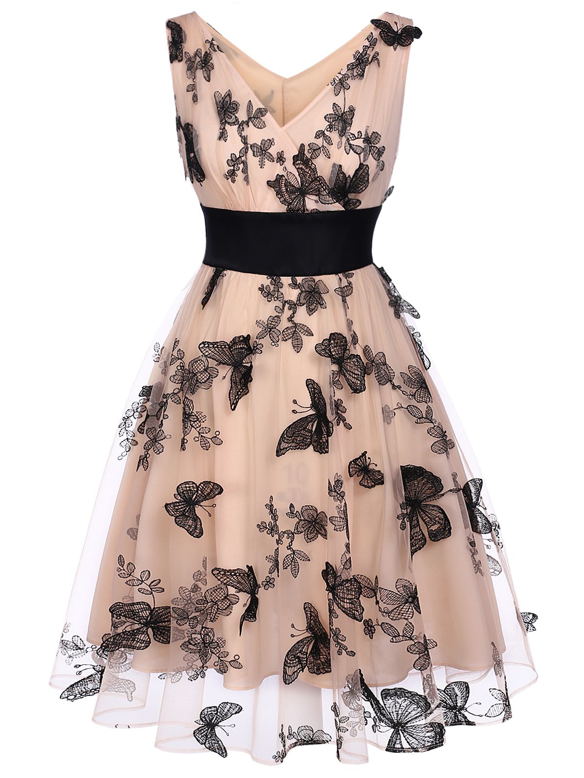 Nude Lace Butterfly Swing Vintage Dress