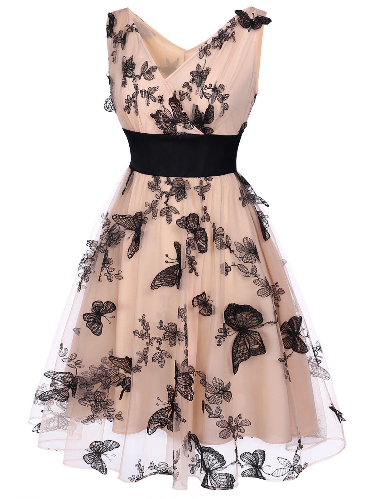 Nude Lace Butterfly Swing Vintage Dress