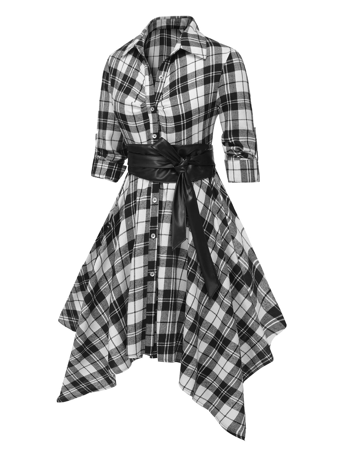 3/4 Sleeve Plaid Belt Long Tops