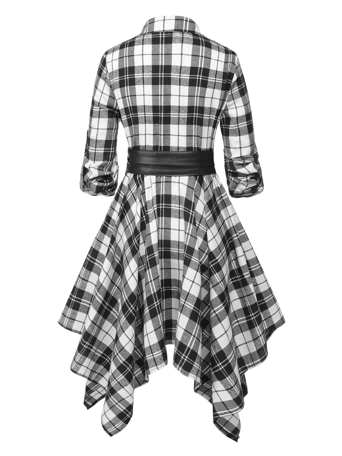 3/4 Sleeve Plaid Belt Long Tops