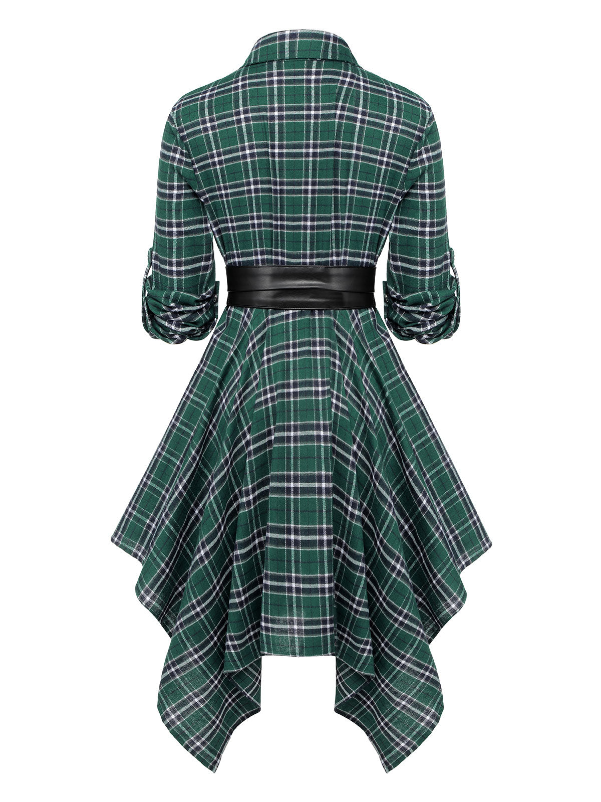 3/4 Sleeve Plaid Belt Long Tops