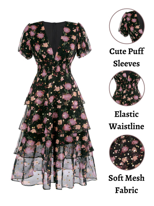 Black Lace Flowers Swing Dress