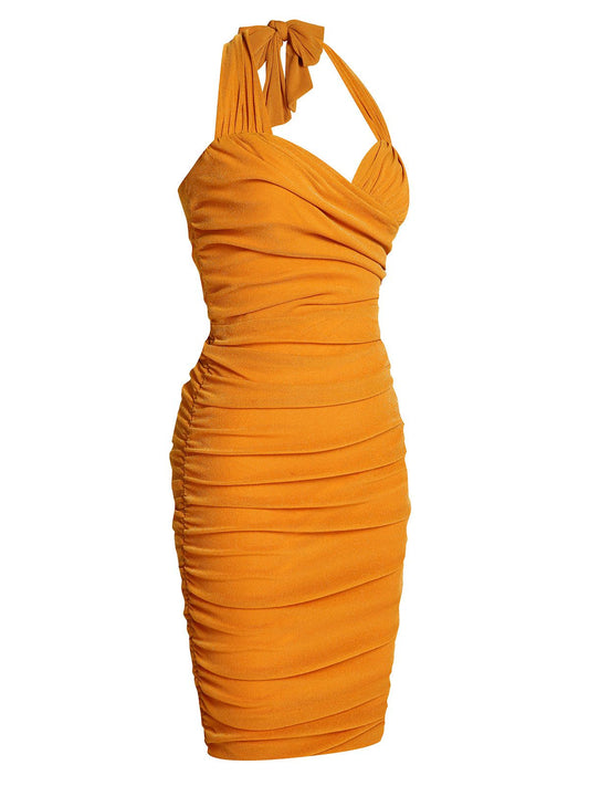 Orange  Solid Folds Halter Pencil Dress