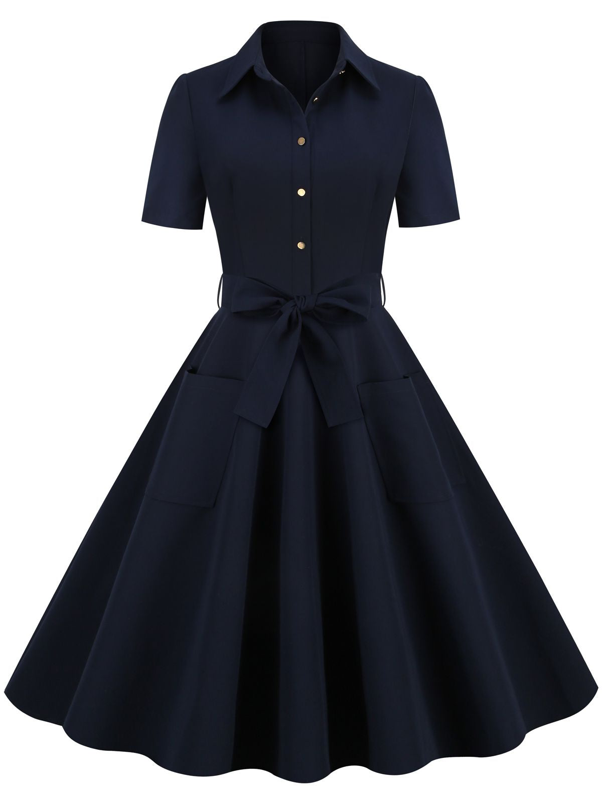 Navy Blue Solid Belt Swing Dress