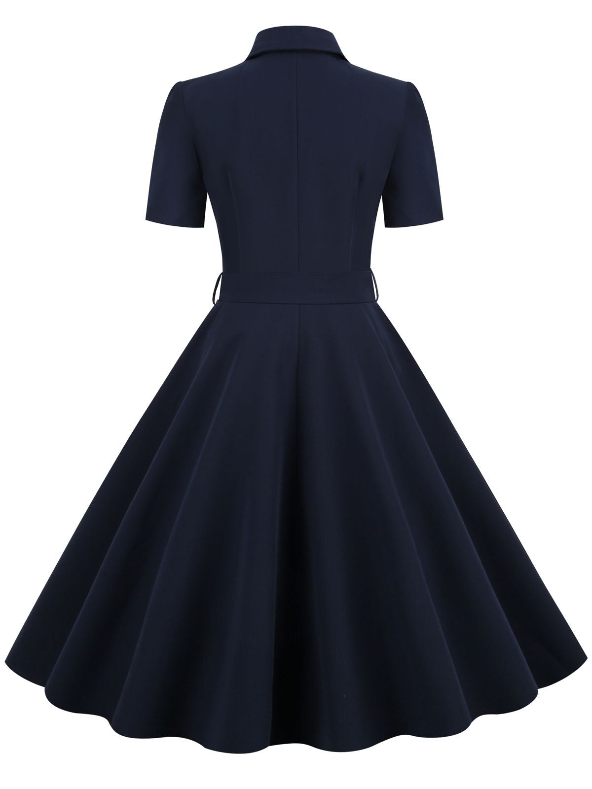 Navy Blue Solid Belt Swing Dress