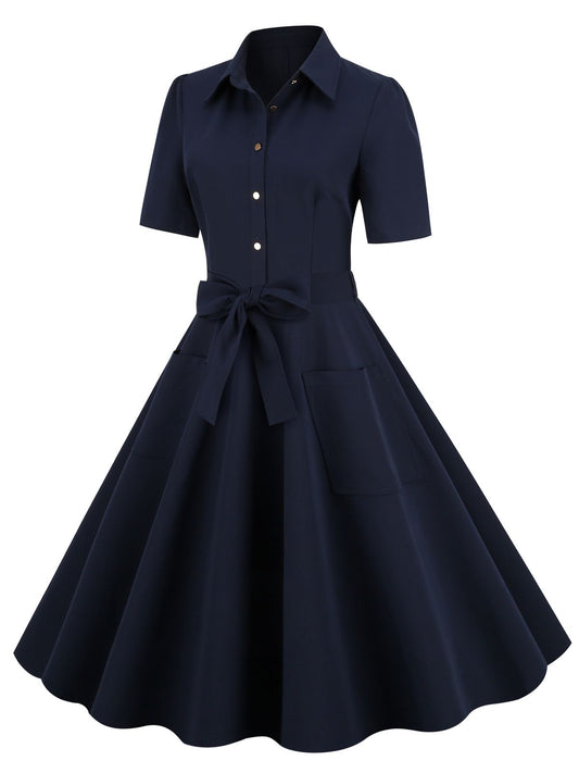 Navy Blue Solid Belt Swing Dress