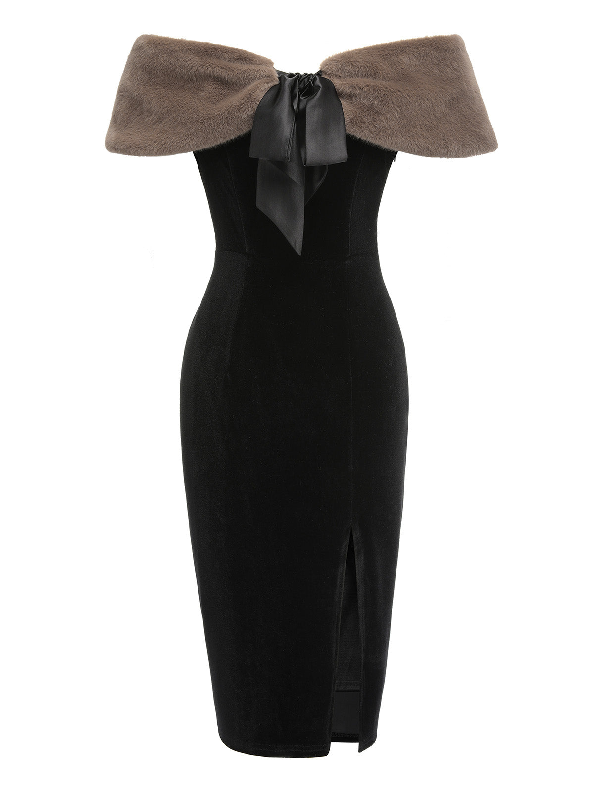 2PCS Black  Solid Dress & Plush Cape