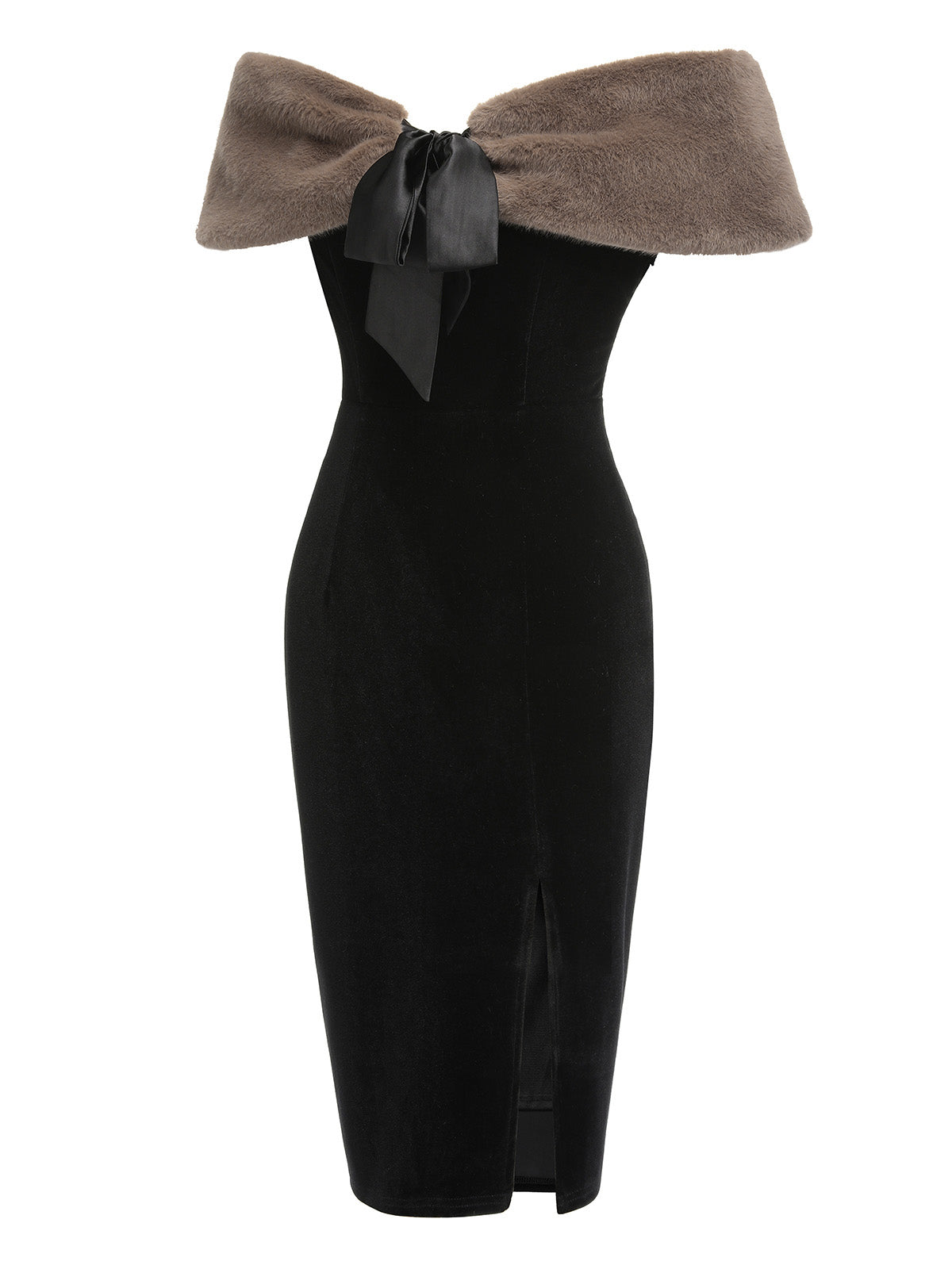 2PCS Black  Solid Dress & Plush Cape