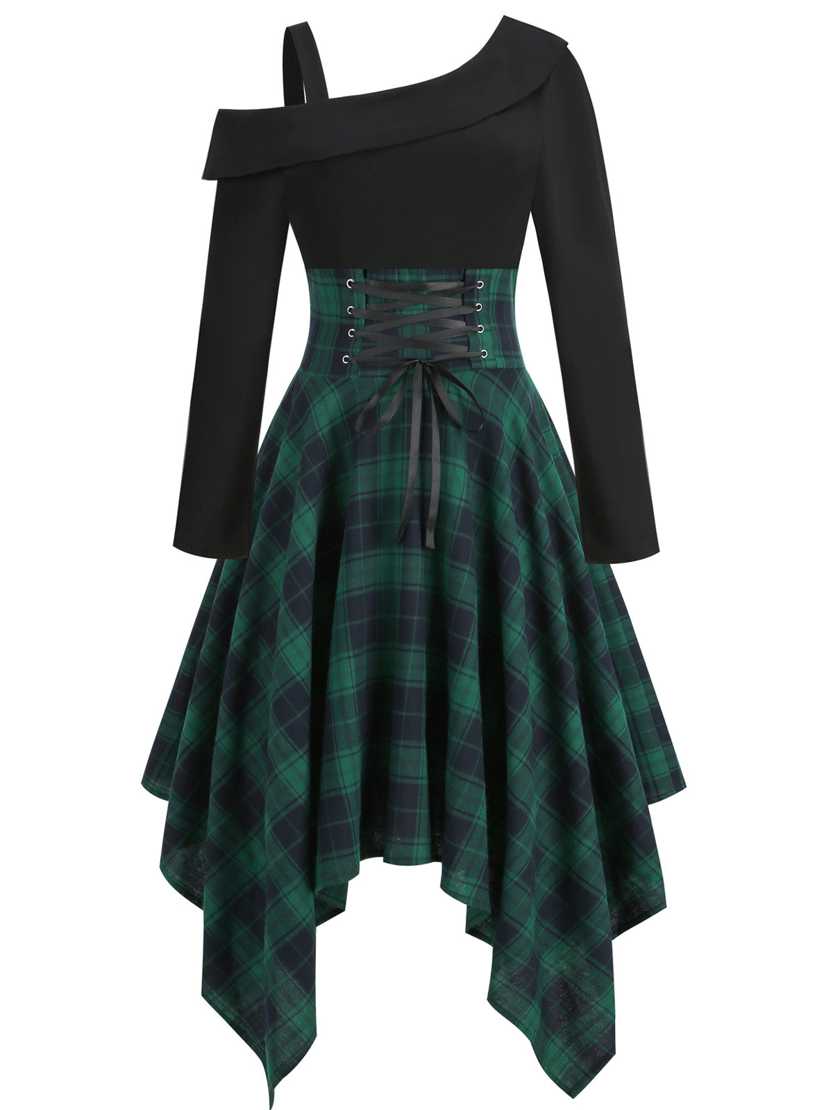 Green Long Sleeve Patchwork Swing Dress