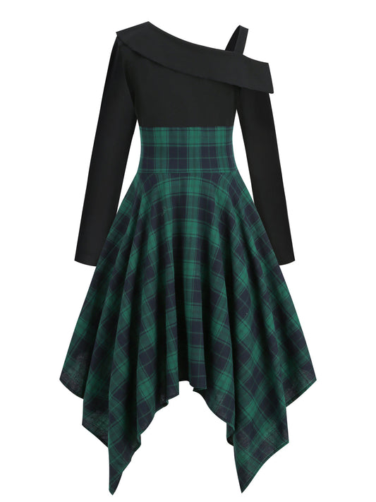 Green Long Sleeve Patchwork Swing Dress