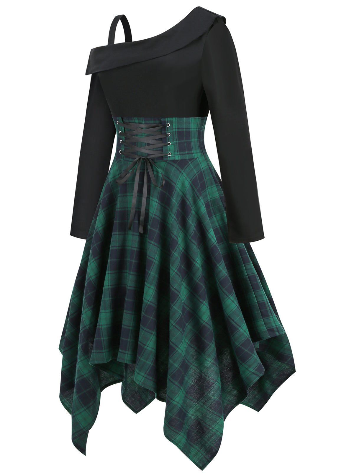 Green Long Sleeve Patchwork Swing Dress