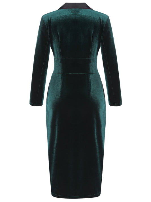 Dark Green  Lapel Button Velvet Dress