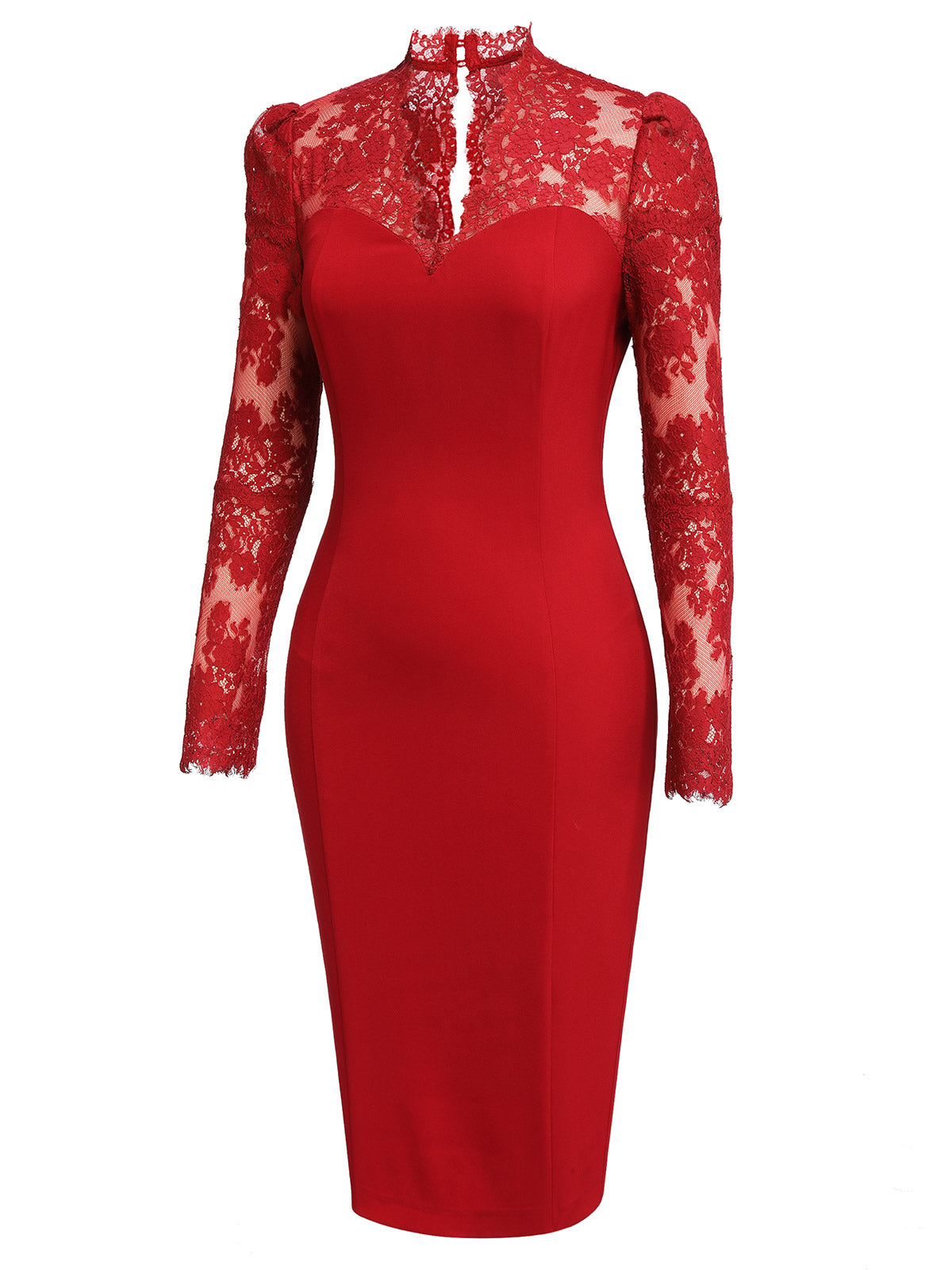 Red  Lace Long Sleeves Patchwork Dress