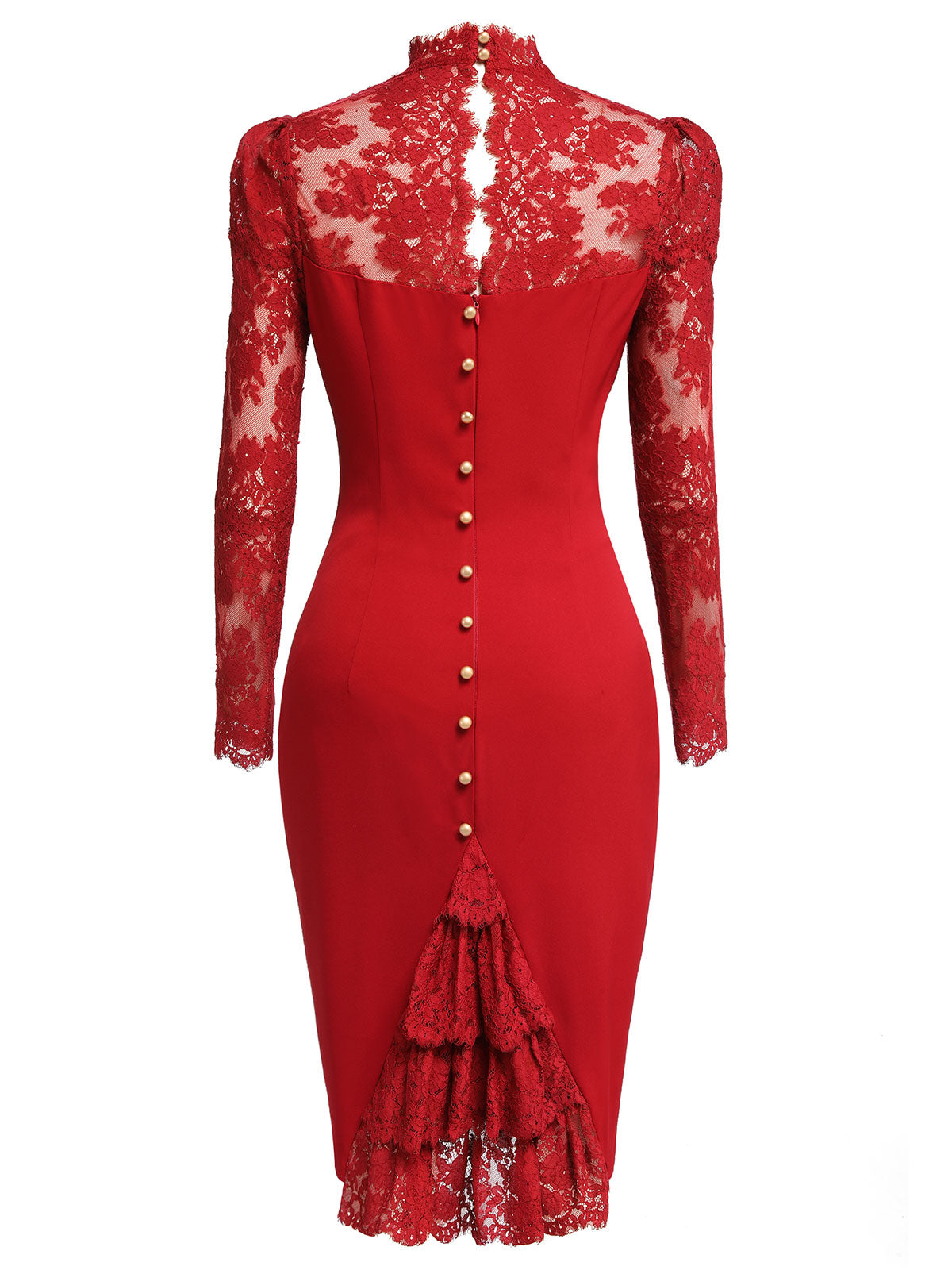 Red  Lace Long Sleeves Patchwork Dress