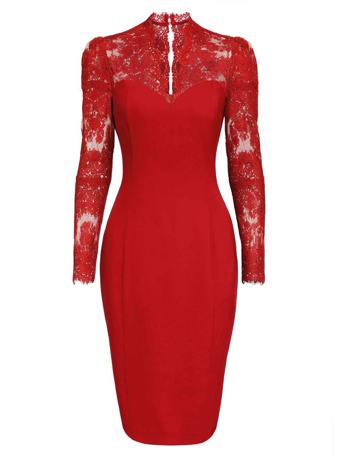 Red  Lace Long Sleeves Patchwork Dress