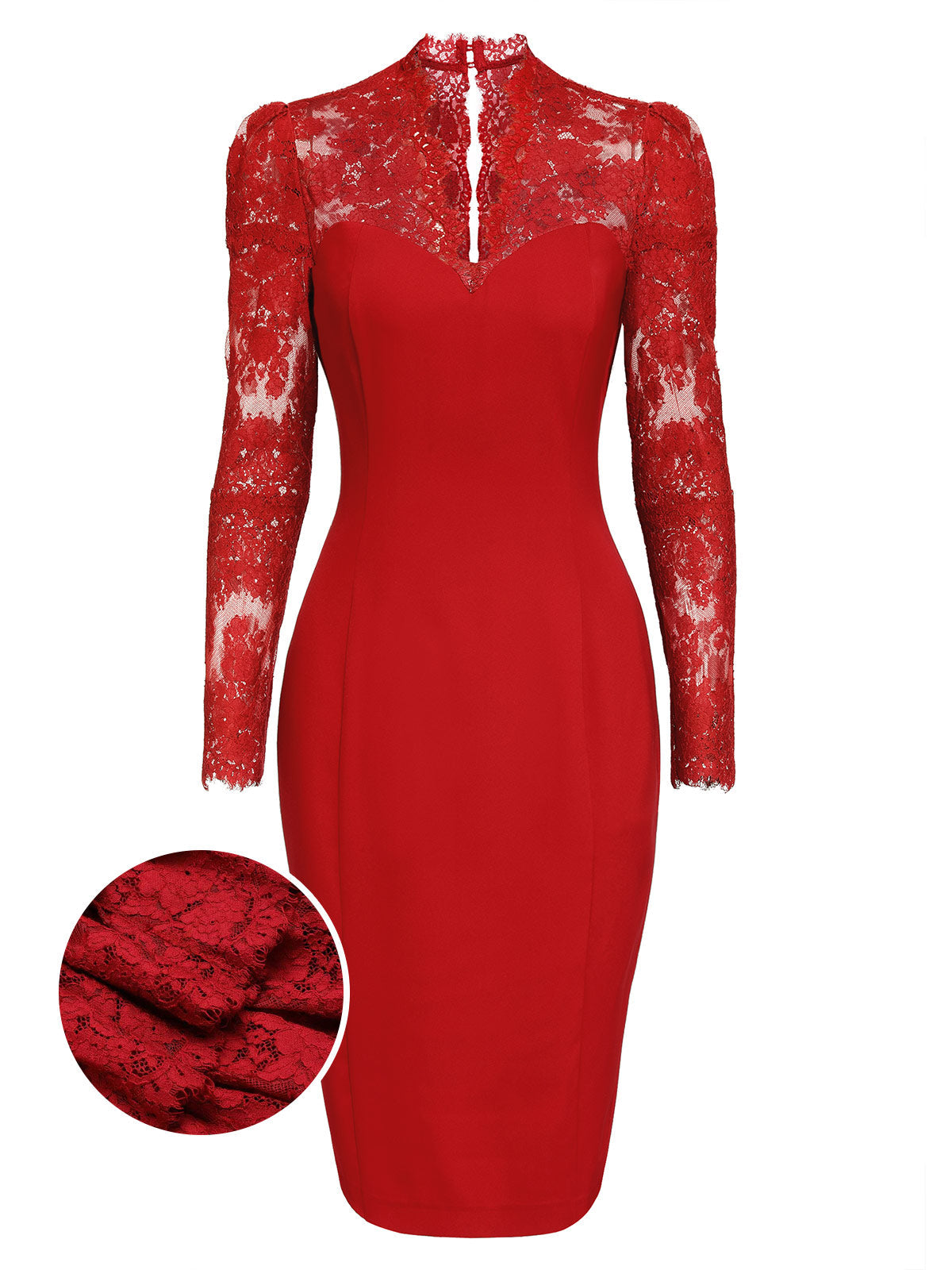 Red  Lace Long Sleeves Patchwork Dress