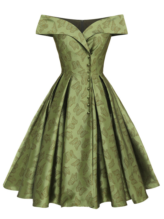 Green Off-Shoulder Vintage Dress