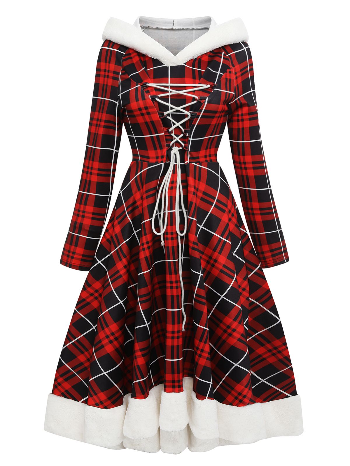 Red Plaid Lace-up Hooded Dress