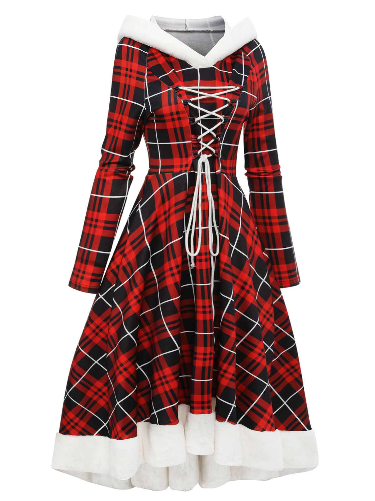 Red Plaid Lace-up Hooded Dress