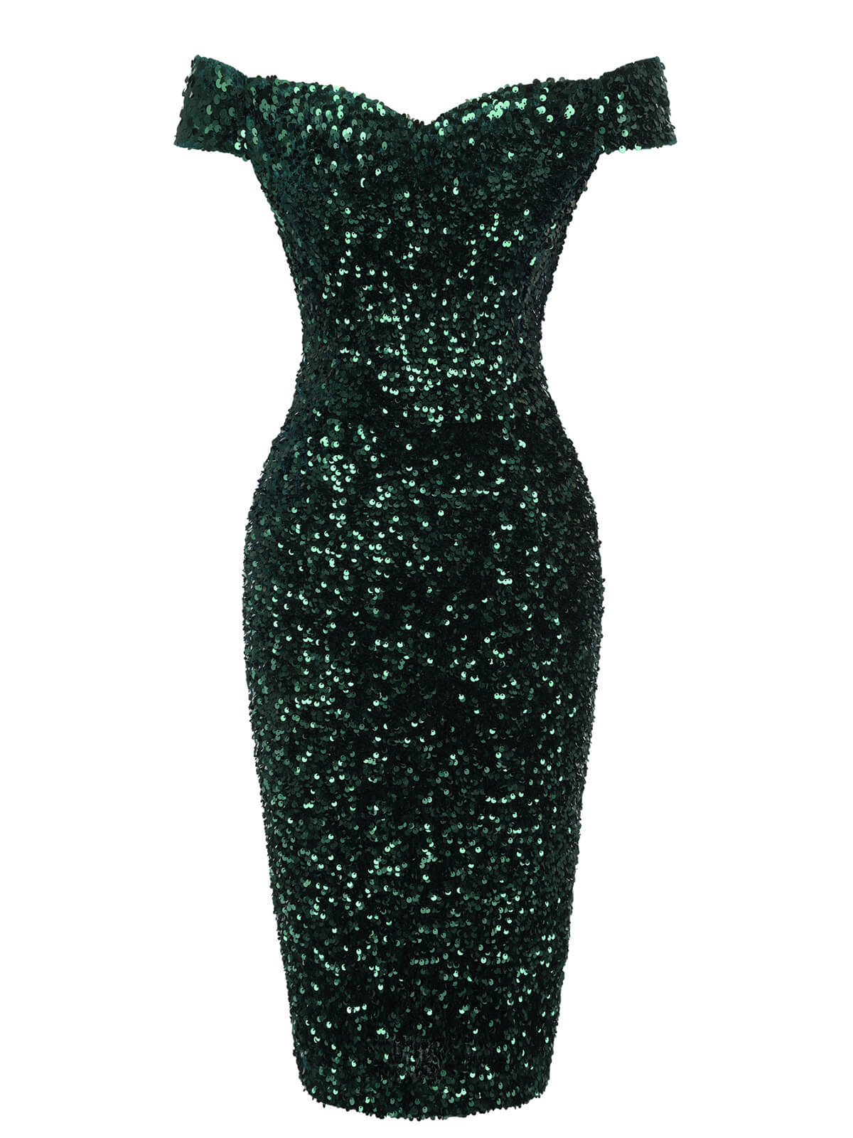 Green  Sequins Off-Shoulder Pencil Dress