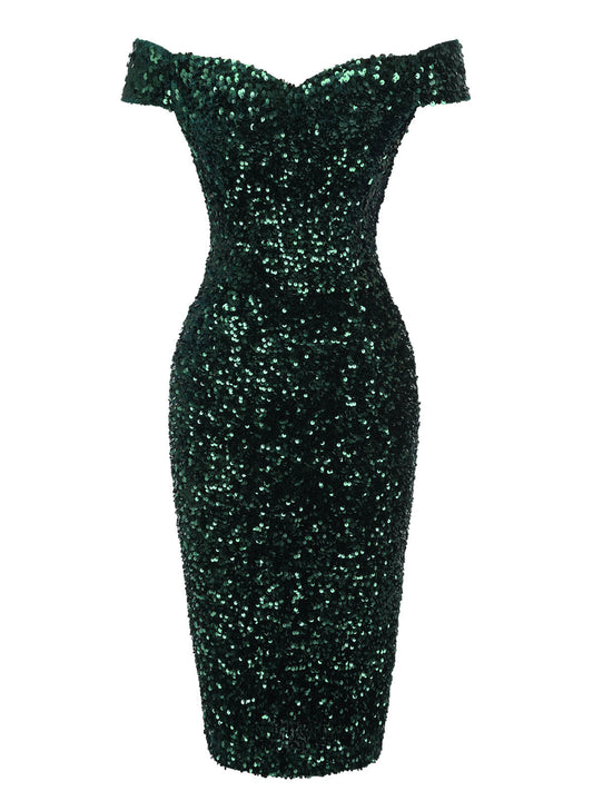 Green  Sequins Off-Shoulder Pencil Dress