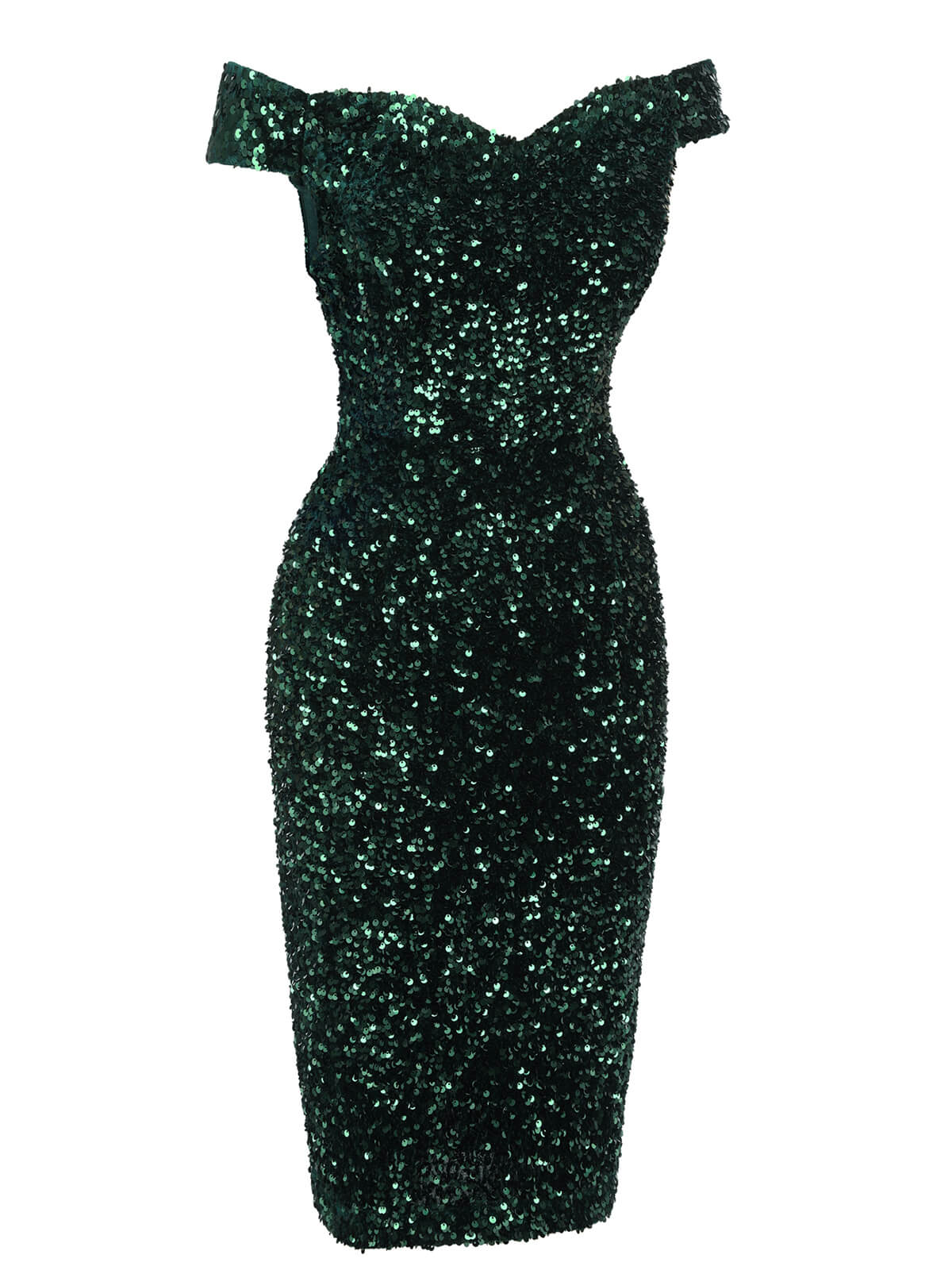 Green  Sequins Off-Shoulder Pencil Dress