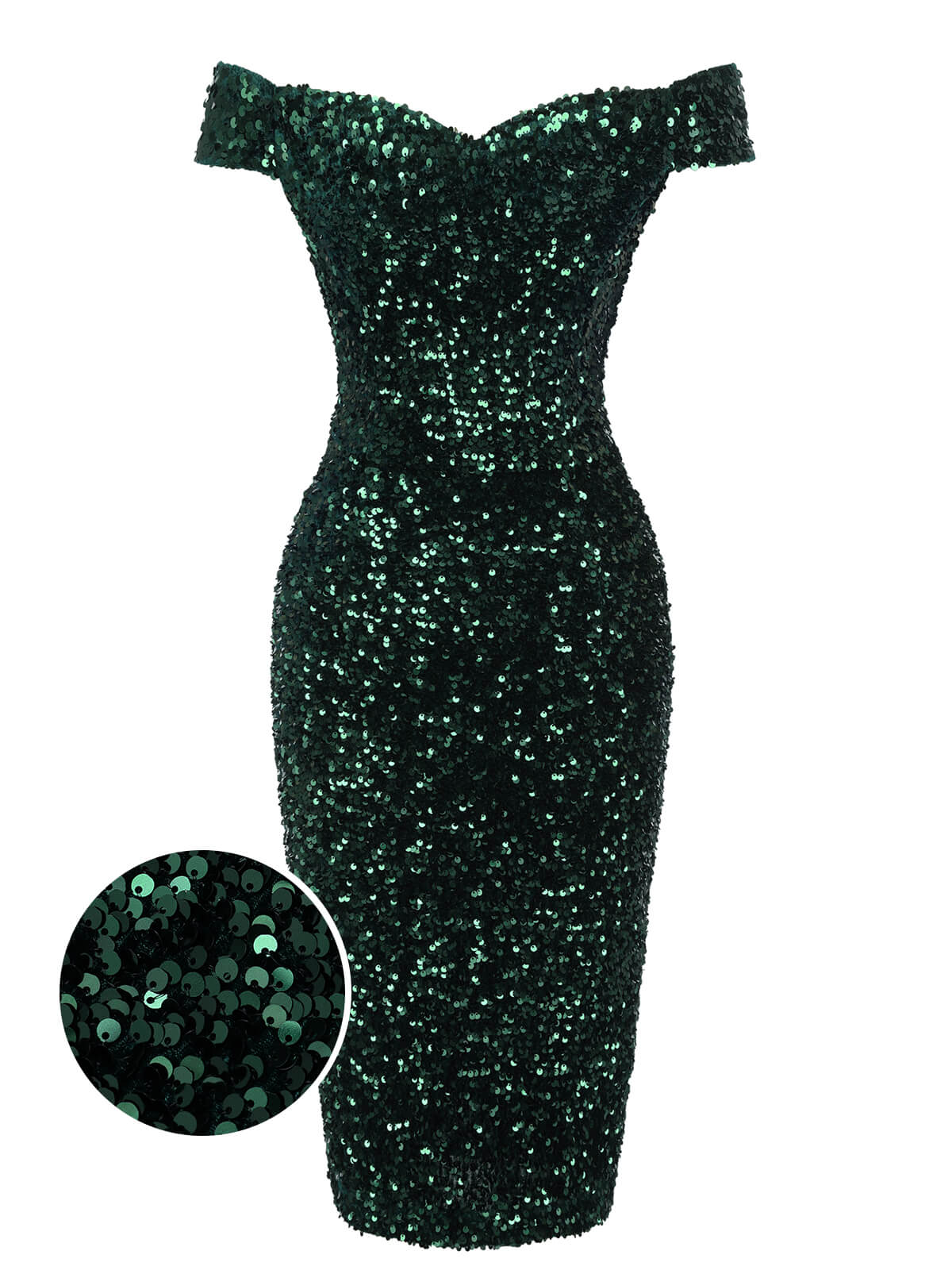 Green  Sequins Off-Shoulder Pencil Dress