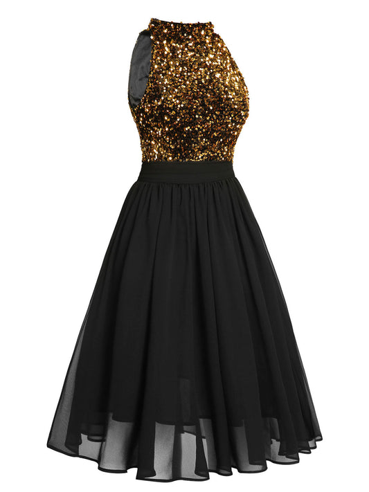 Black Gold Glitter Patchwork Dress