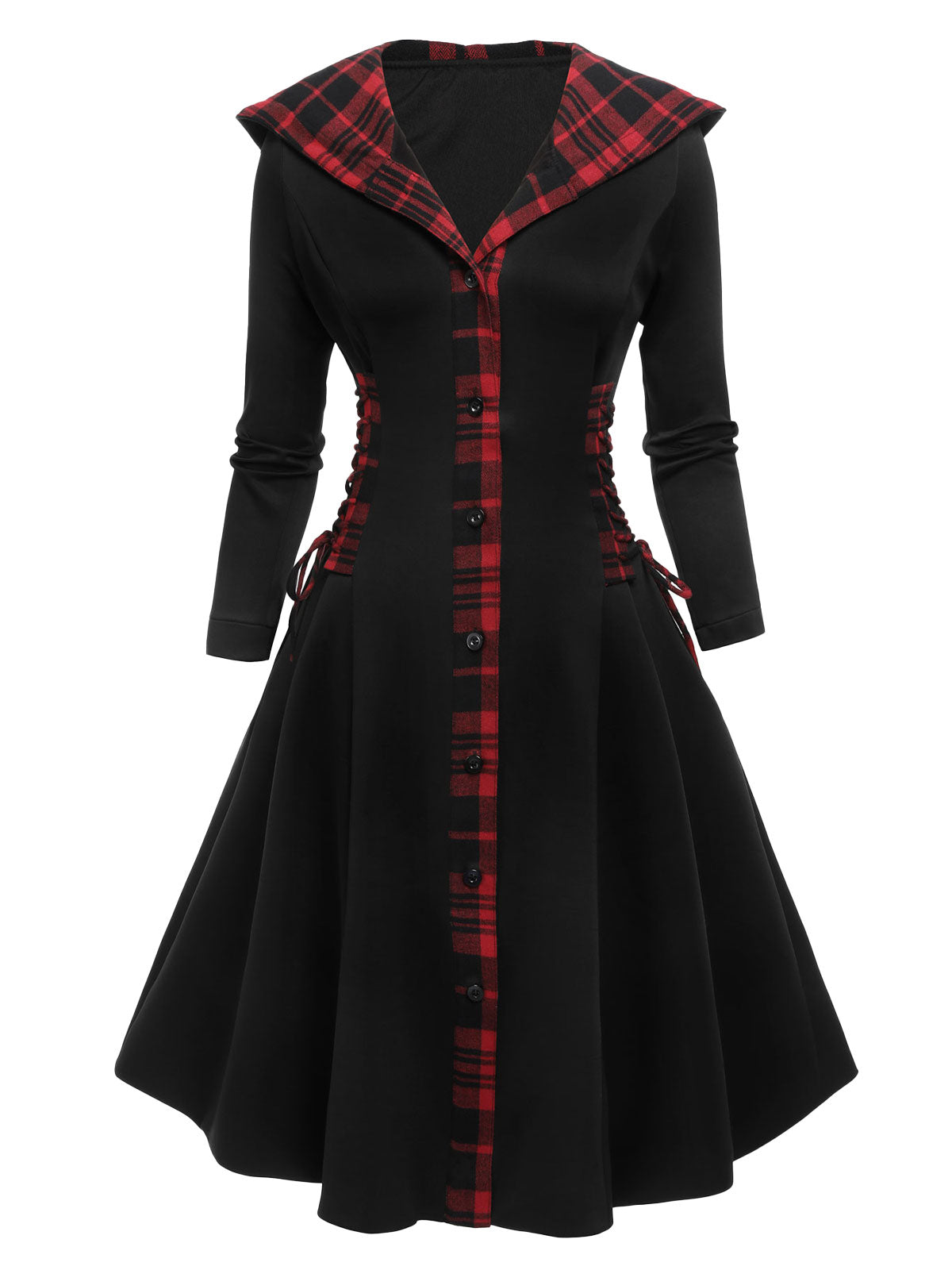 Black Plaid Hooded Swing Dress