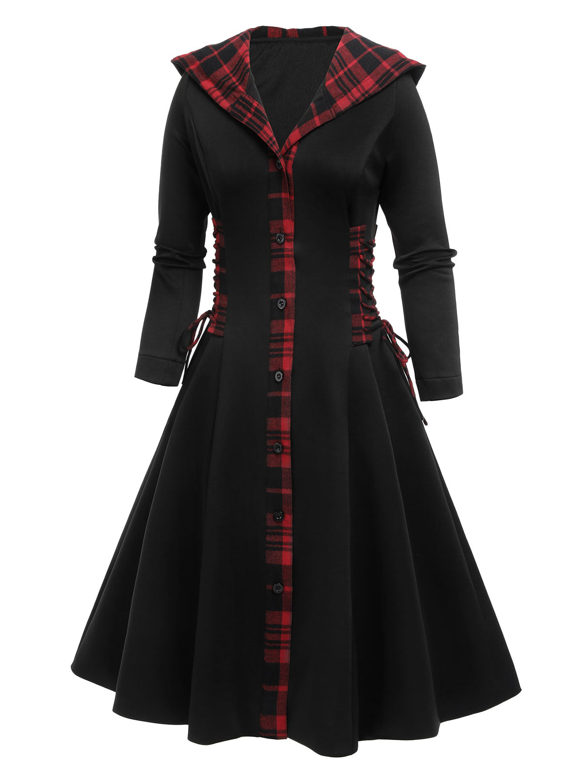 Black Plaid Hooded Swing Dress