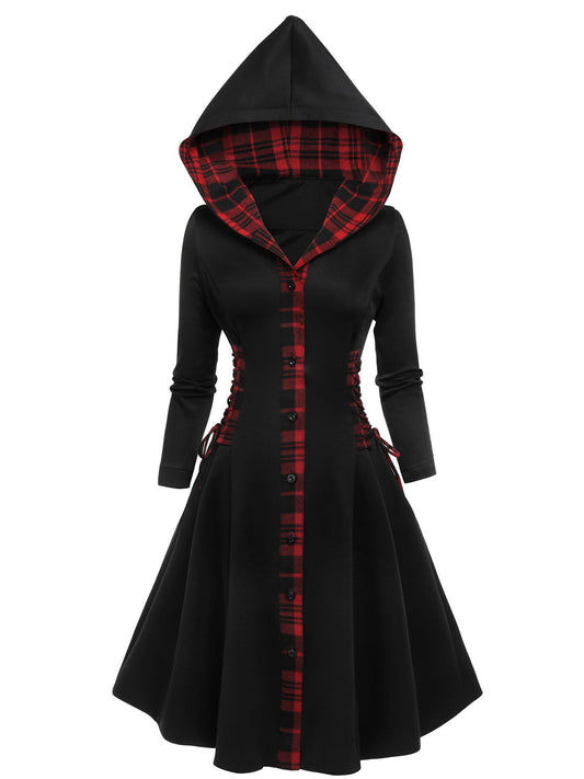 Black Plaid Hooded Swing Dress