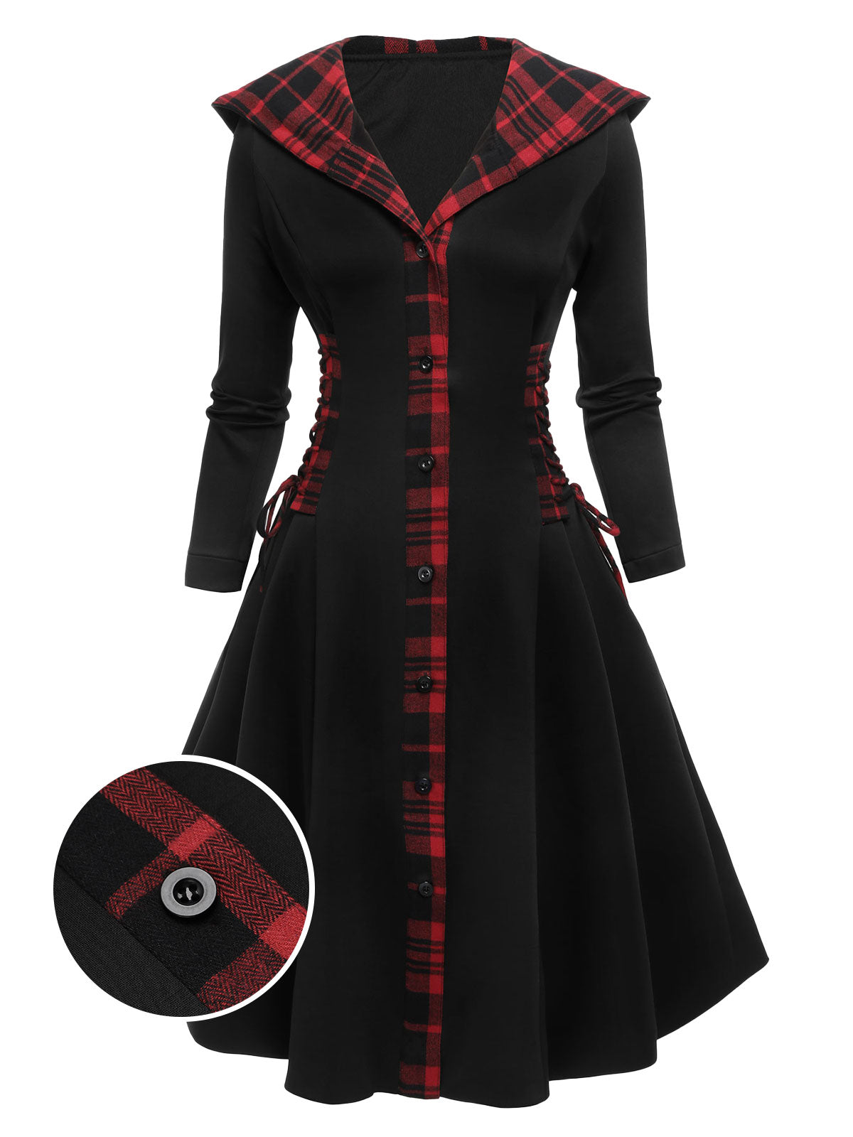 Black Plaid Hooded Swing Dress