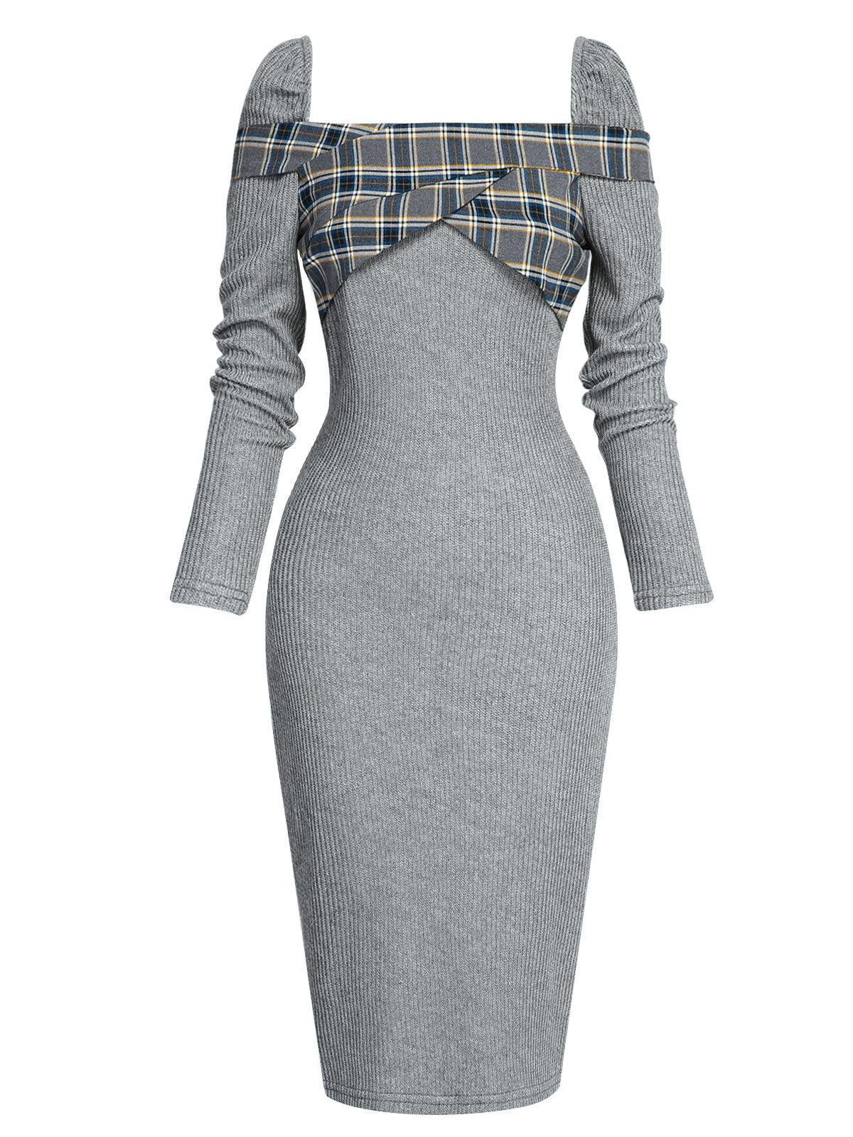 Gray  Plaid Patchwork Pencil Dress