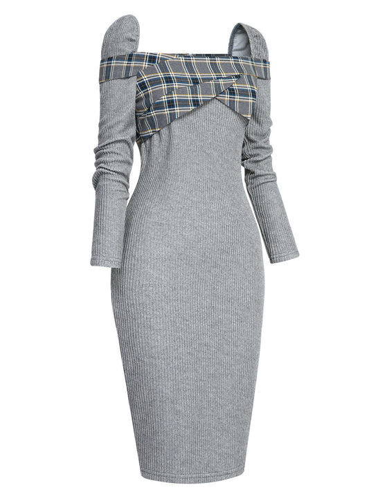 Gray  Plaid Patchwork Pencil Dress