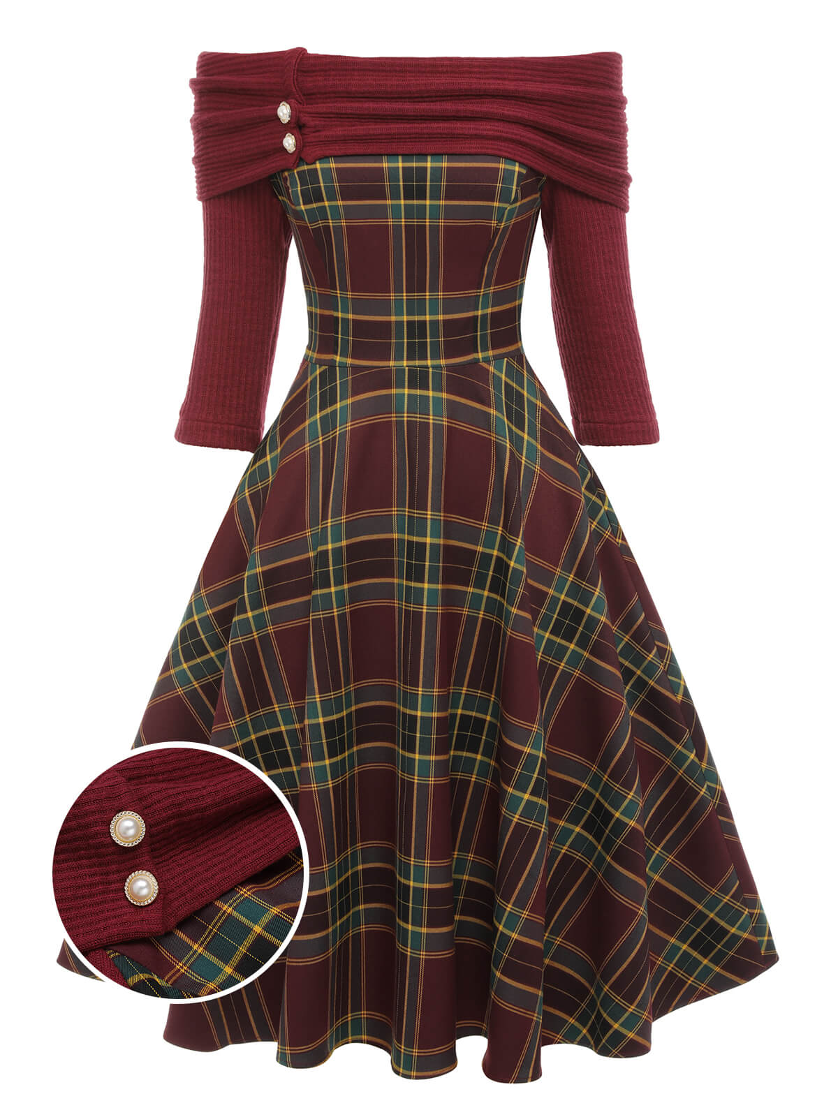 Wine Red Plaids Off-Shoulder Dress