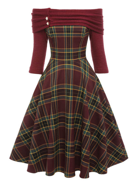 Wine Red Plaids Off-Shoulder Dress