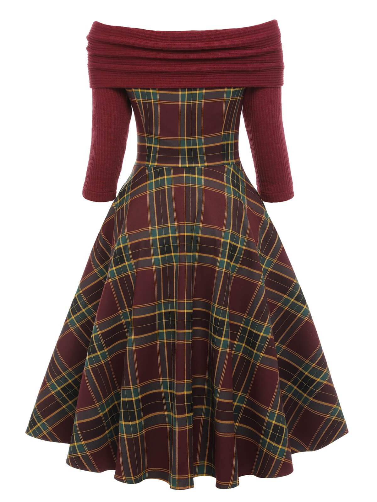 Wine Red Plaids Off-Shoulder Dress