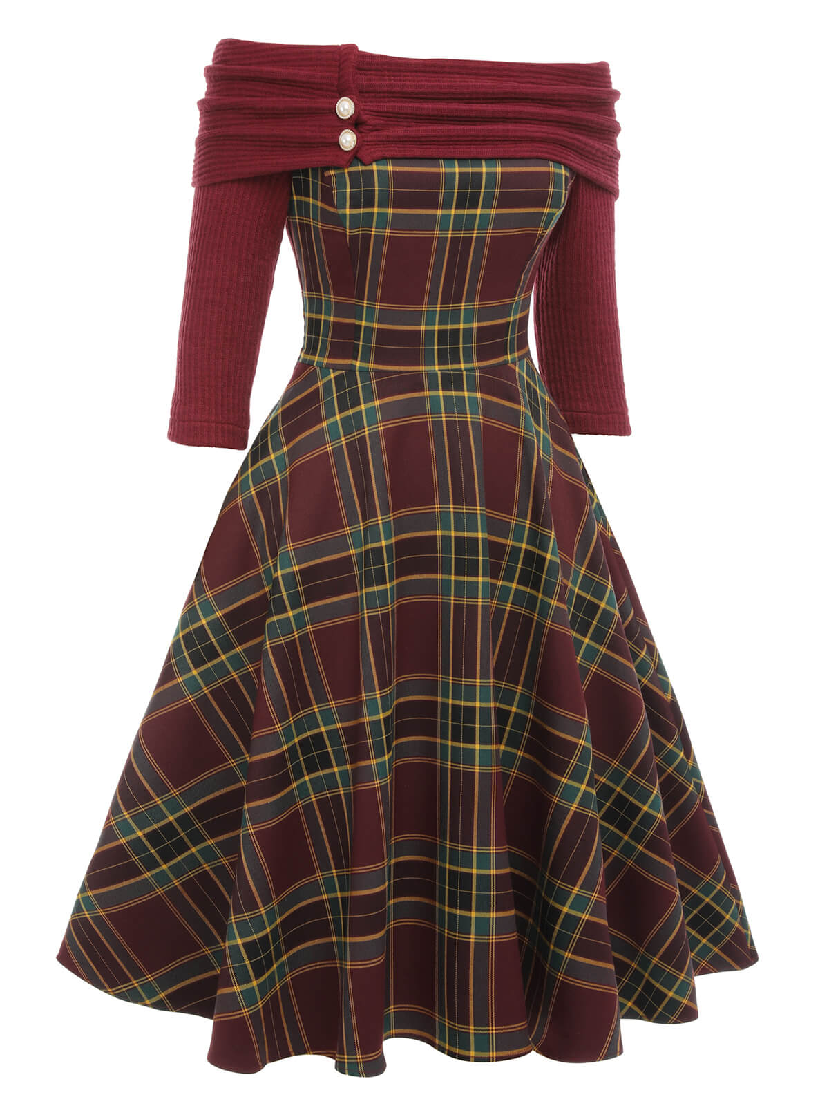 Wine Red Plaids Off-Shoulder Dress