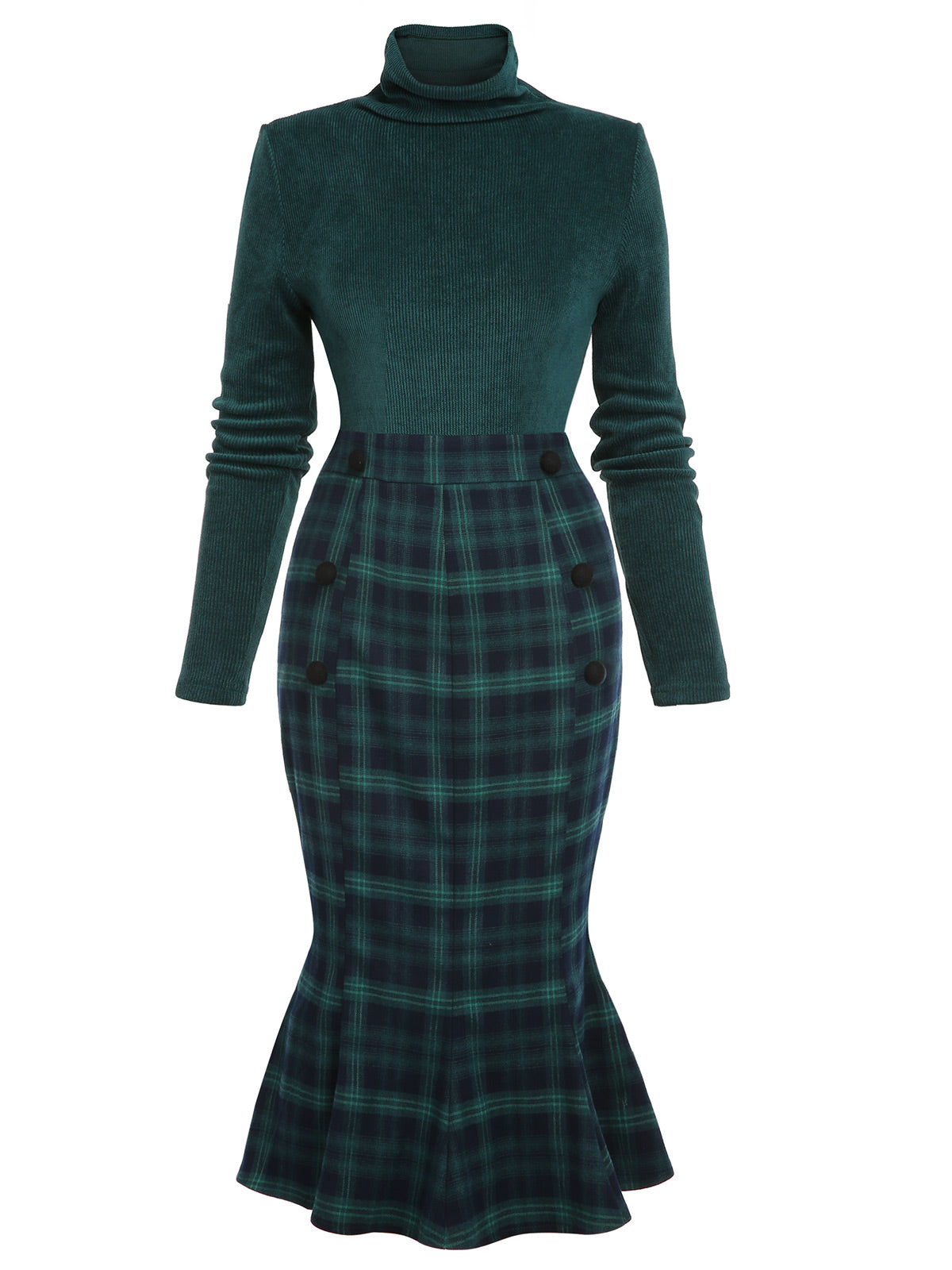 Green Plaid Turtleneck Fishtail Dress