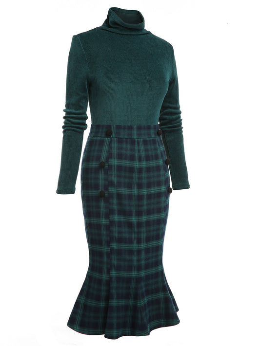 Green Plaid Turtleneck Fishtail Dress