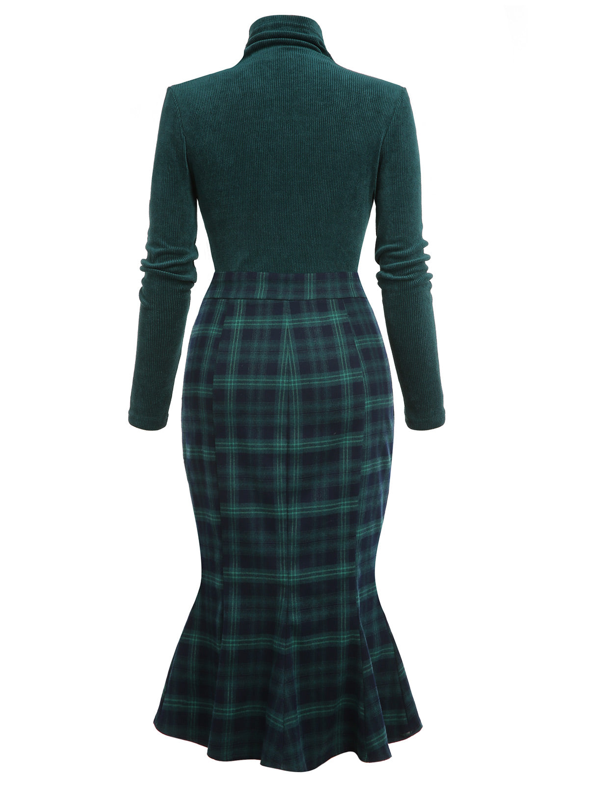 Green Plaid Turtleneck Fishtail Dress