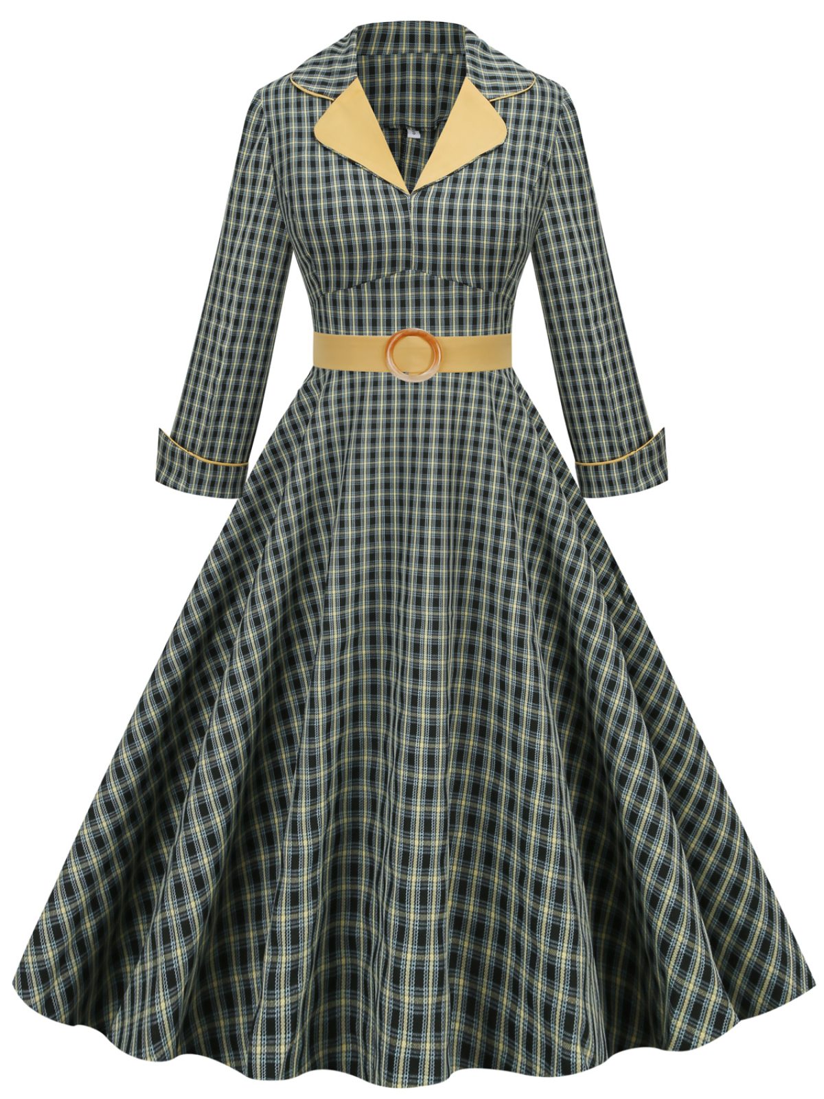 Yellow & Black Plaid Lapel Belt Swing Dress