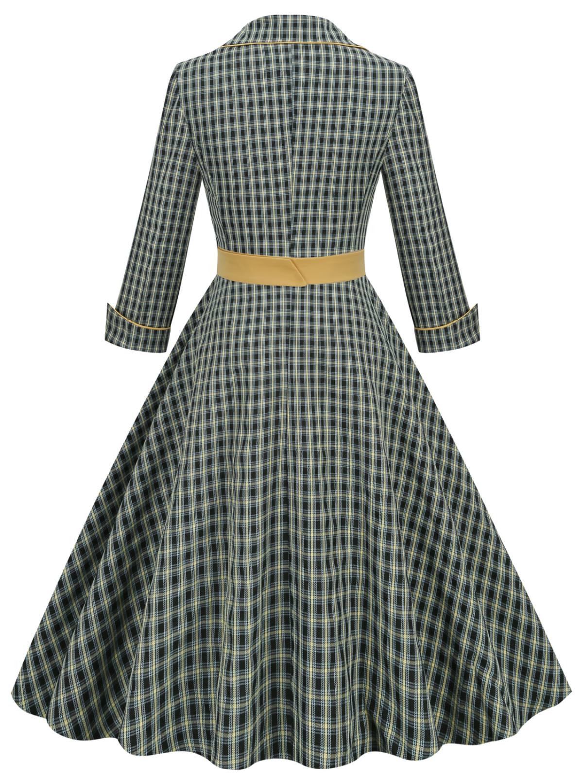 Yellow & Black Plaid Lapel Belt Swing Dress