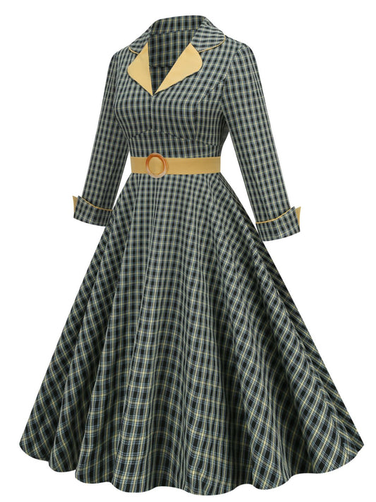 Yellow & Black Plaid Lapel Belt Swing Dress