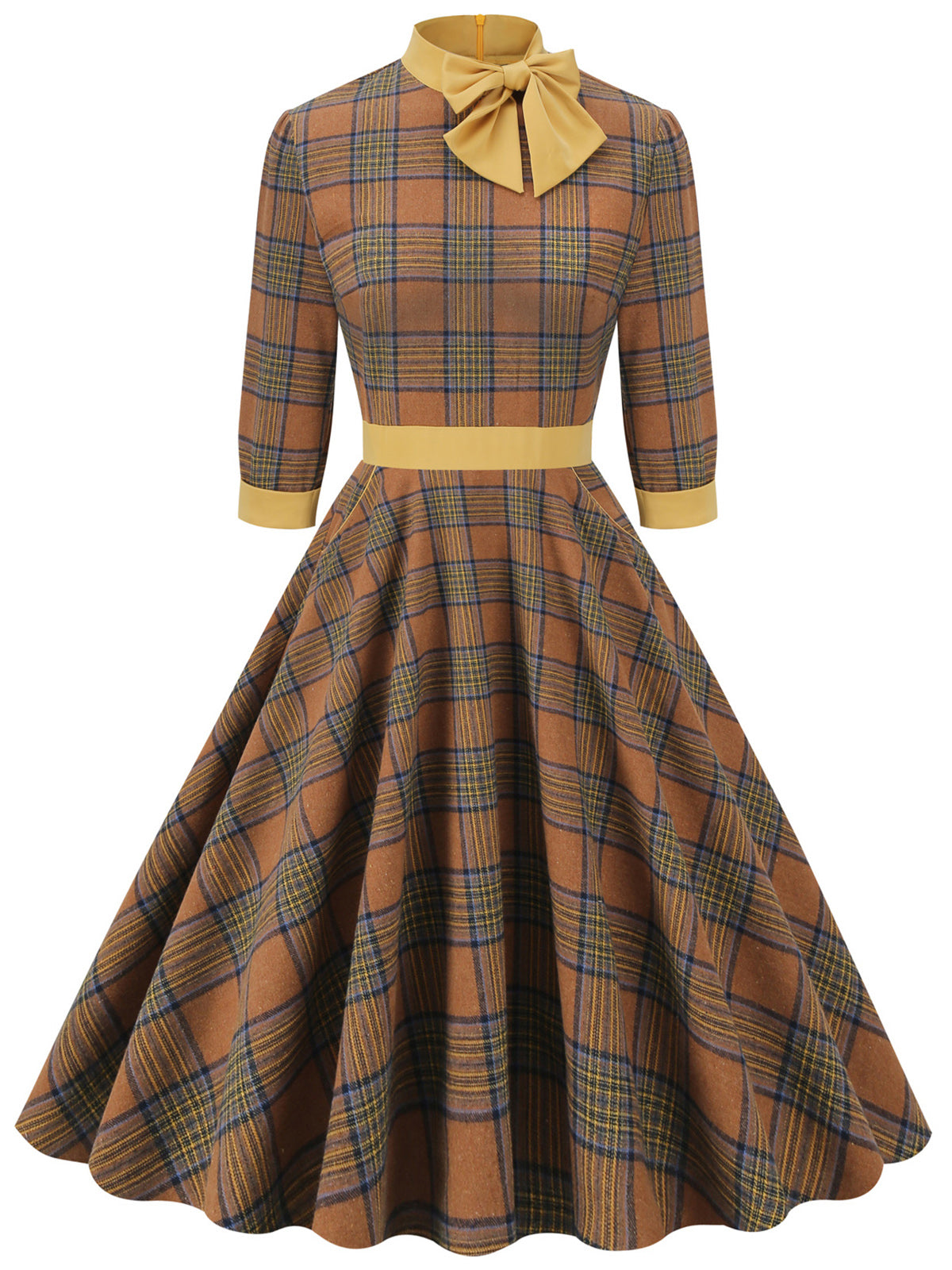 Yellow Plaid Bowknot Patchwork Dress