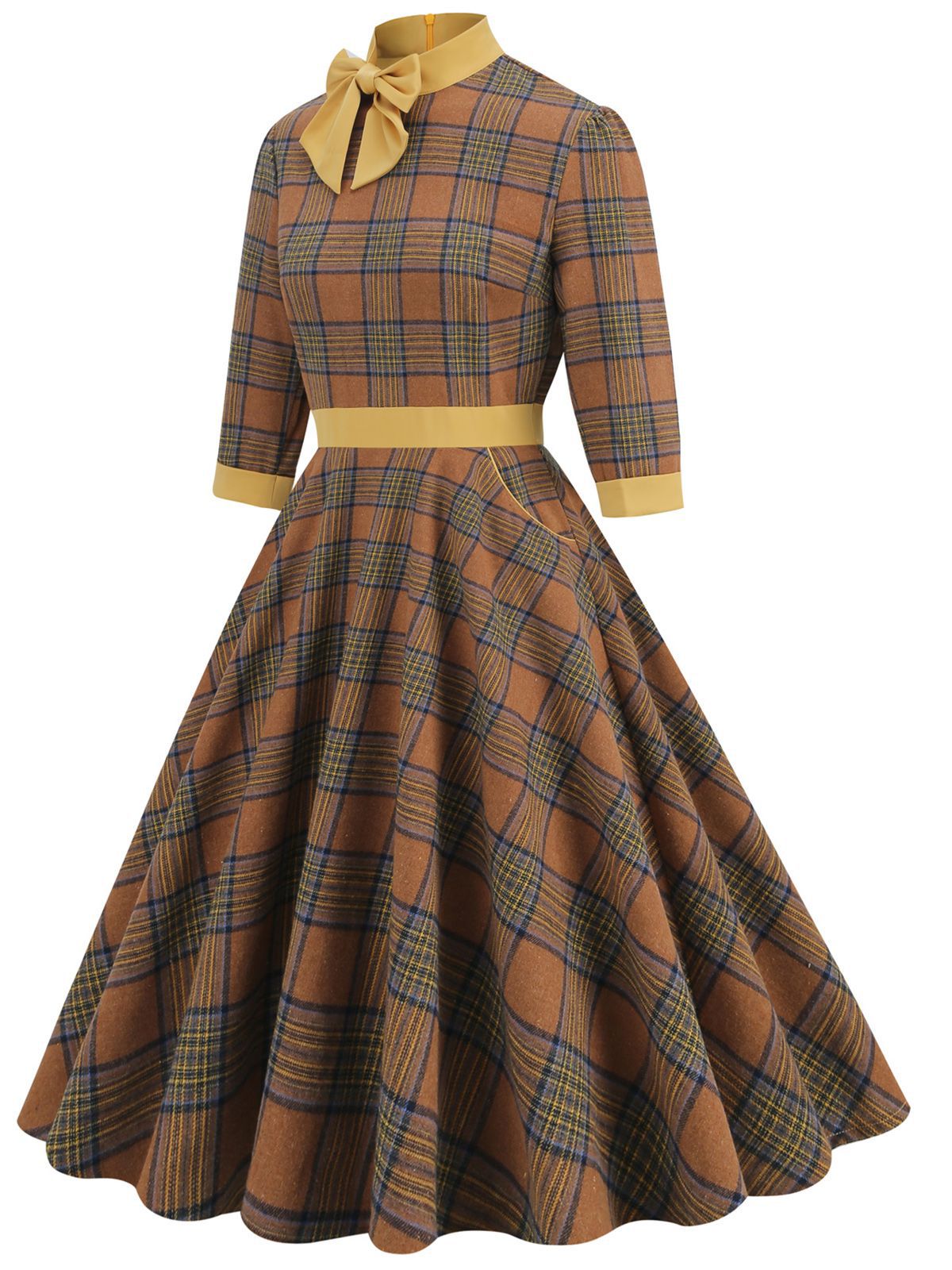 Yellow Plaid Bowknot Patchwork Dress