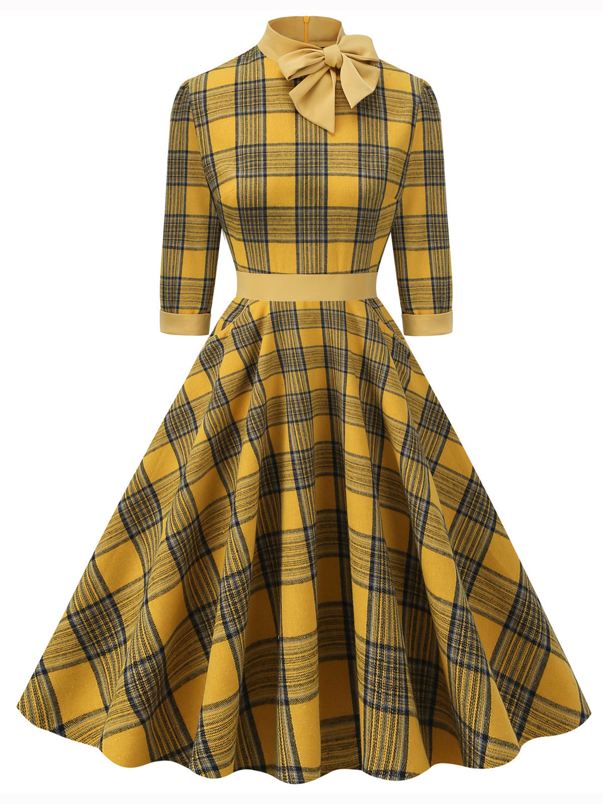 Yellow Plaid Bowknot Patchwork Dress